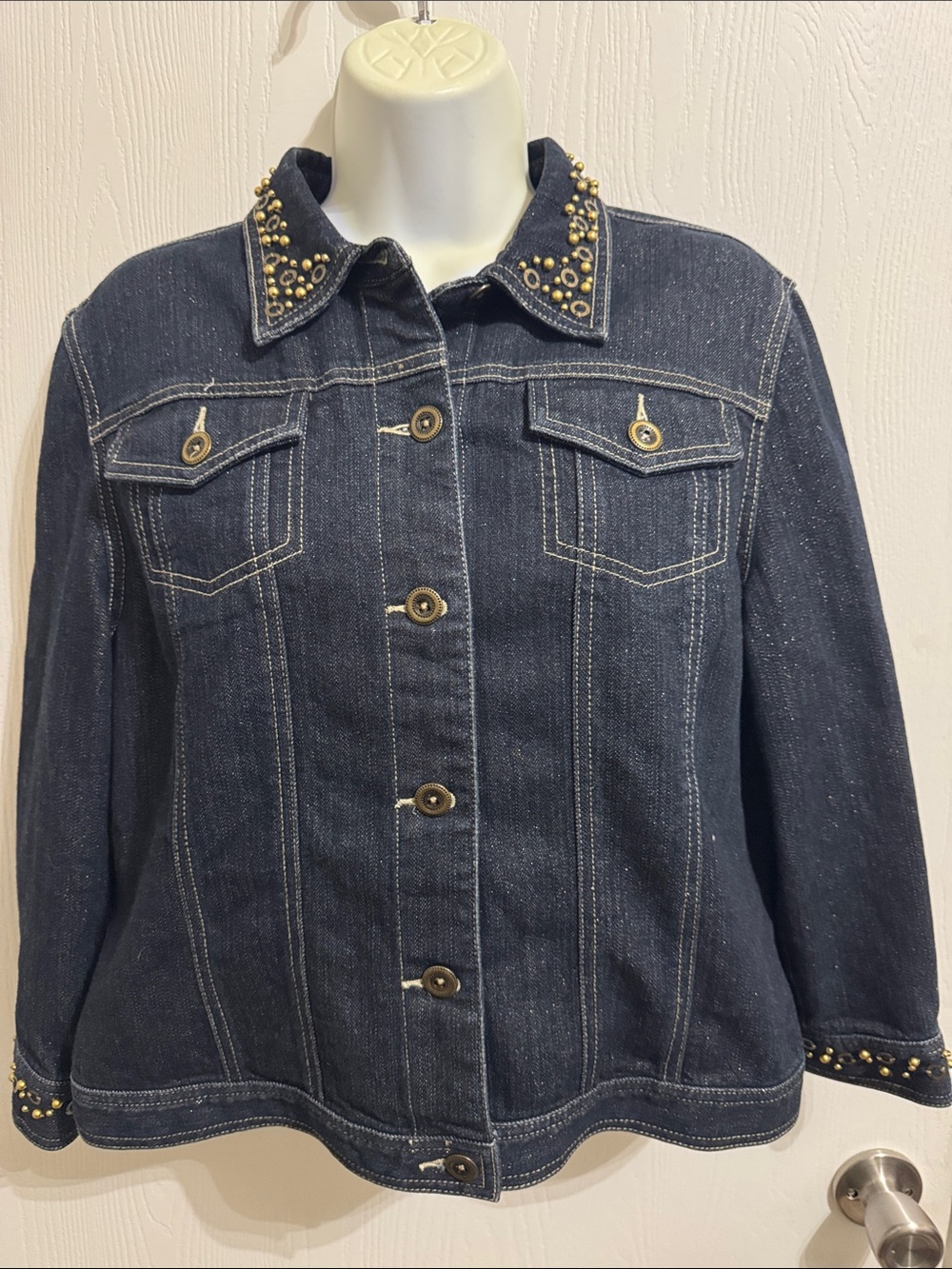 Ruby Rd Embellished Dark Wash Jean Denim Shimmery Jacket 14P Button Up NWOT Fall